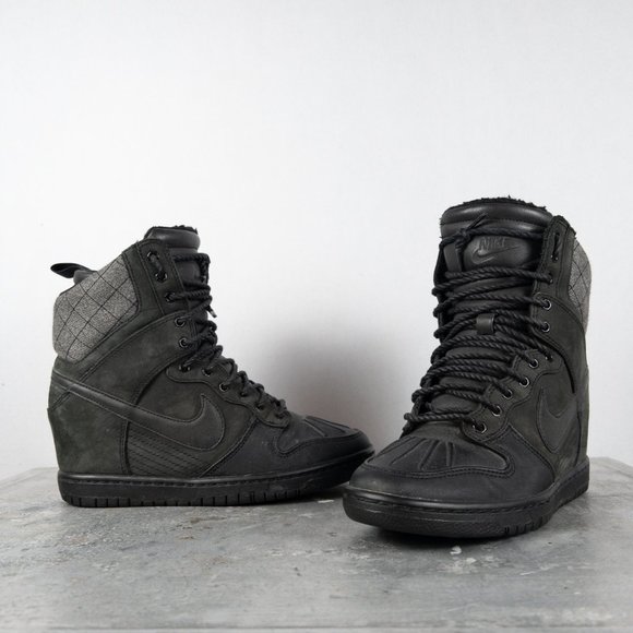 Nike Sky Hi Dunk Sneakerboot Hidden Wedge Leather Suede 6 Black Sneaker - Picture 3 of 7